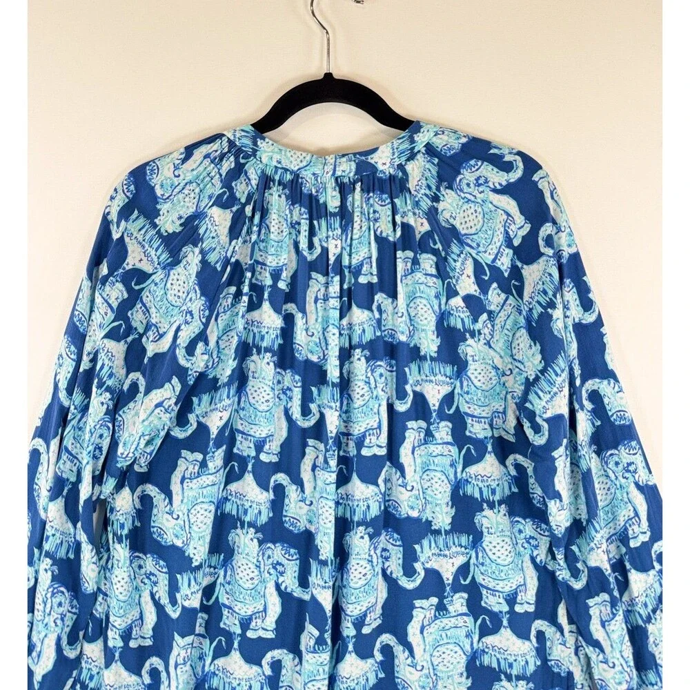 Lilly Pulitzer Womens Top Blue Martinique Elephant V Neck Blouse Casual Medium - Picture 11 of 13